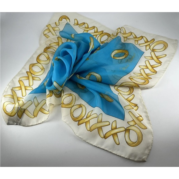 VTG PALOMA PICASSO Hugs & Kisses 100% Silk Scarf 26'' x 26'' Blue&Yellow RARE - Picture 5 of 8